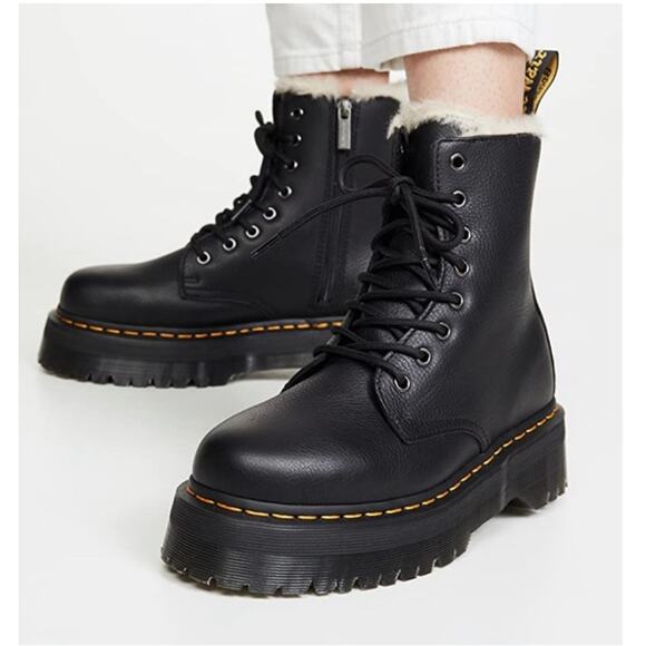 DR MARTENS Jadon Faux Fur Black Platform Leather Combat Boots 7 - Picture 1 of 11